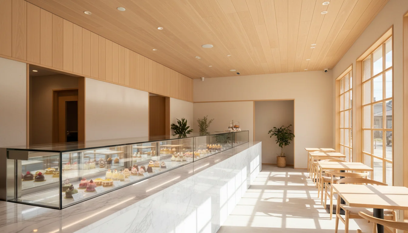 洋菓子が並ぶショーケースと木のカウンターがある店舗内の全景