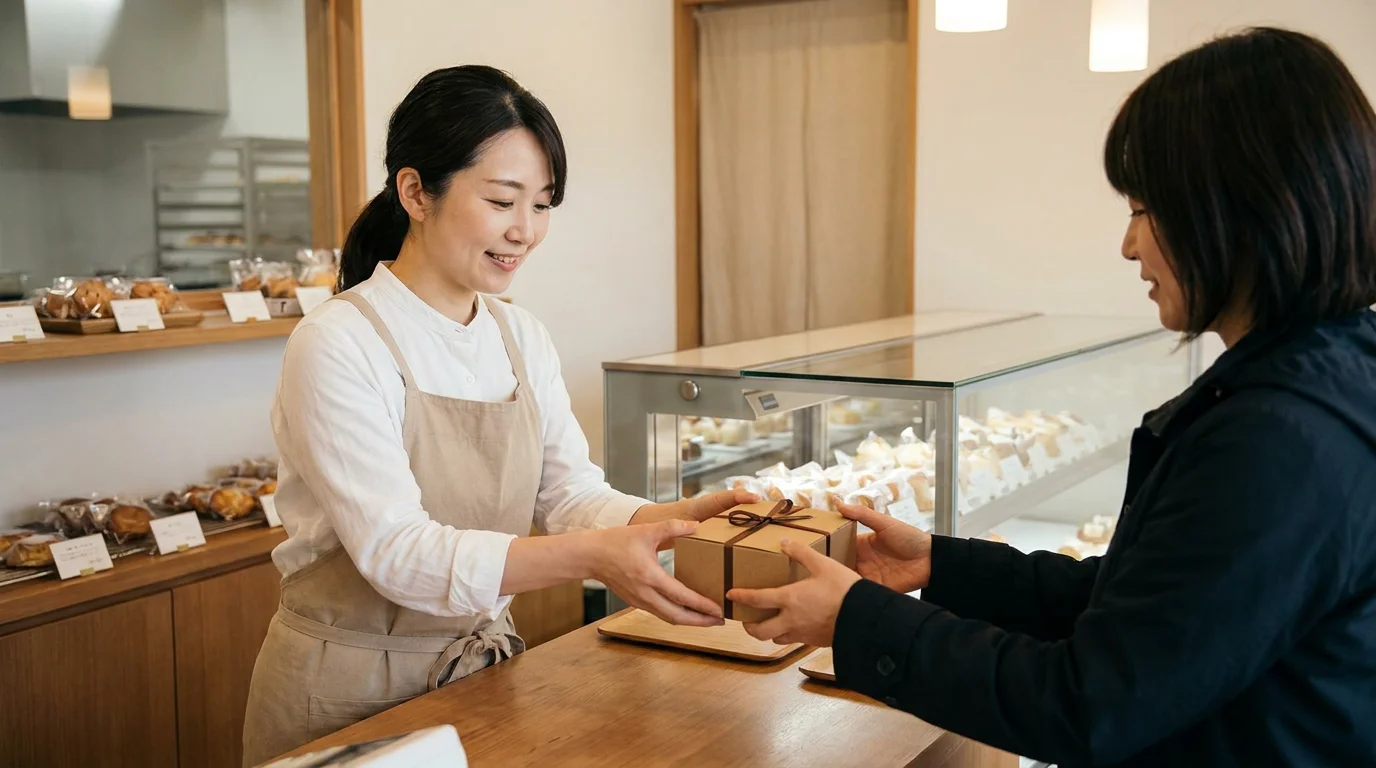 洋菓子店のカウンターで商品を渡すスタッフの手元