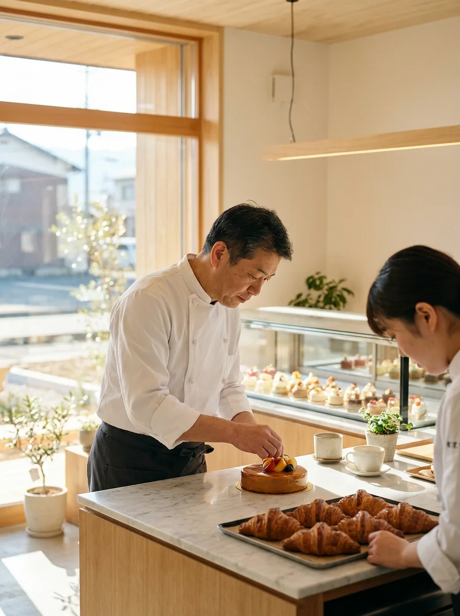 ケーキの仕上がりを確認するパティシエの横顔
